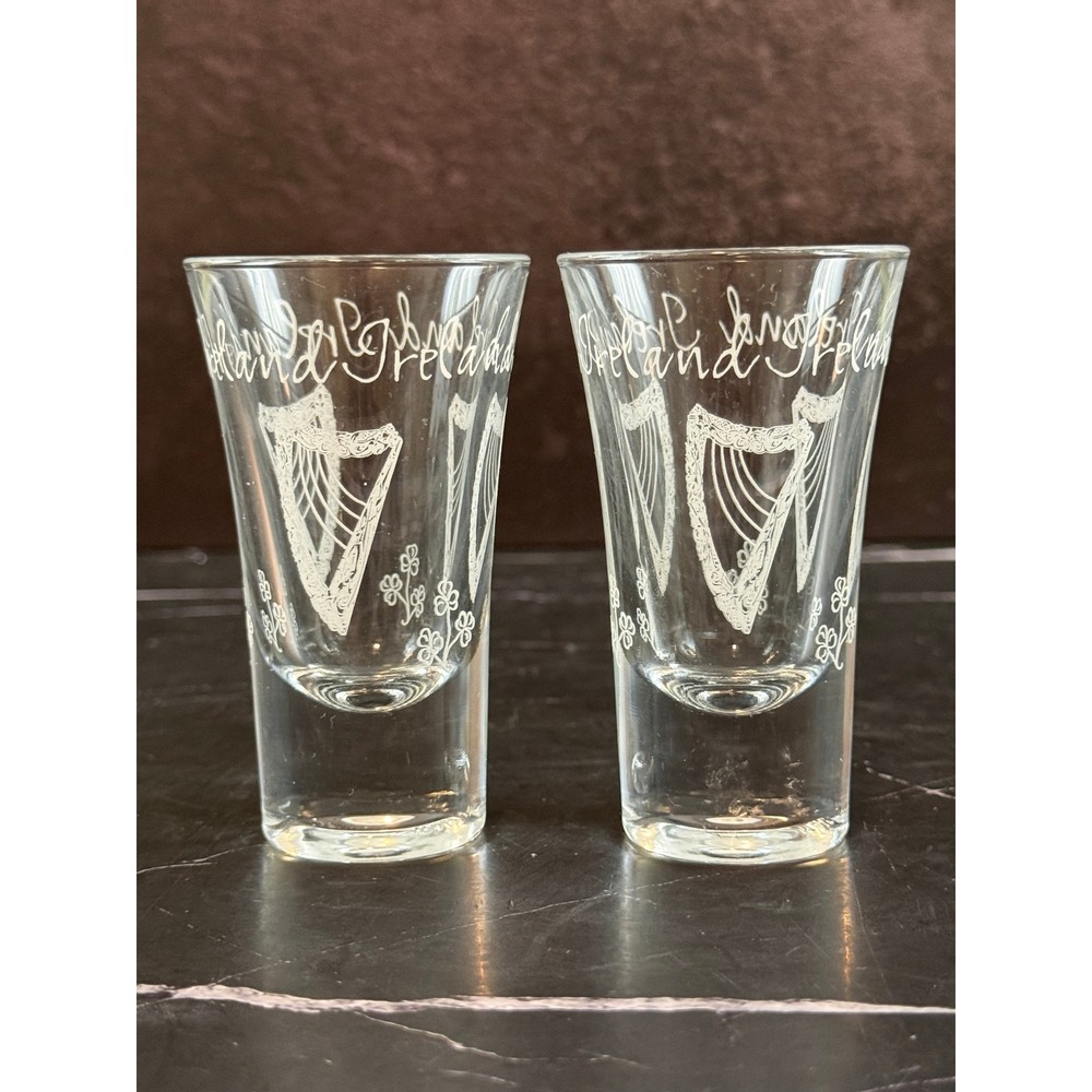 PAIR (2) Ireland Eamon Glass Etched 3.5in Flared Shot Glasses